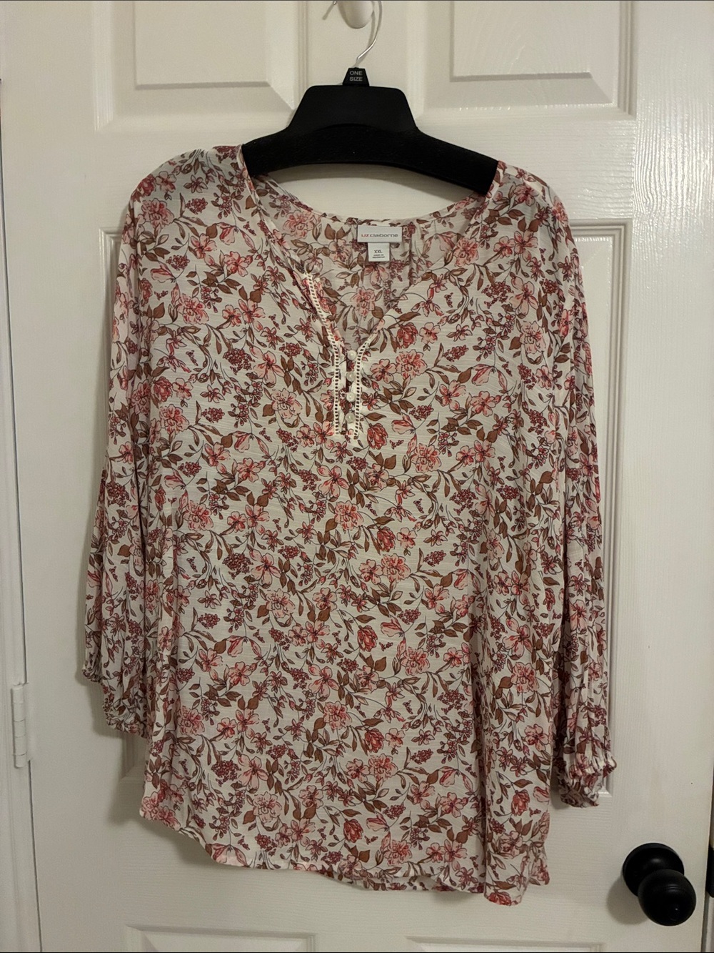 croft & barrow Cream Floral Tunic Blouse with Pink and Brown Print